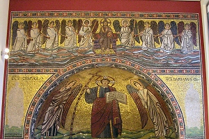 Apsismosaik aus Ravenna, Christus Victor mit Erzengeln Michael und Gabriel, Museum für byzantinische Kunst, Bode Museum